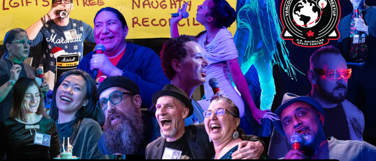 Photo collage from the December 2024 Vancouver AI community meetup — smiling attendees, a handwritten brainstorm sign, and the event's circular logo.