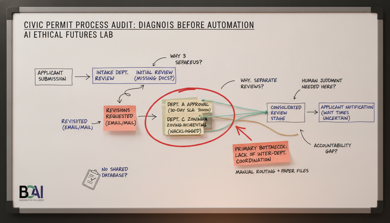 Whiteboard-style civic process audit headed 'Diagnosis before automation,' mapping a broken permit workflow with a flagged bottleneck before any automation step.