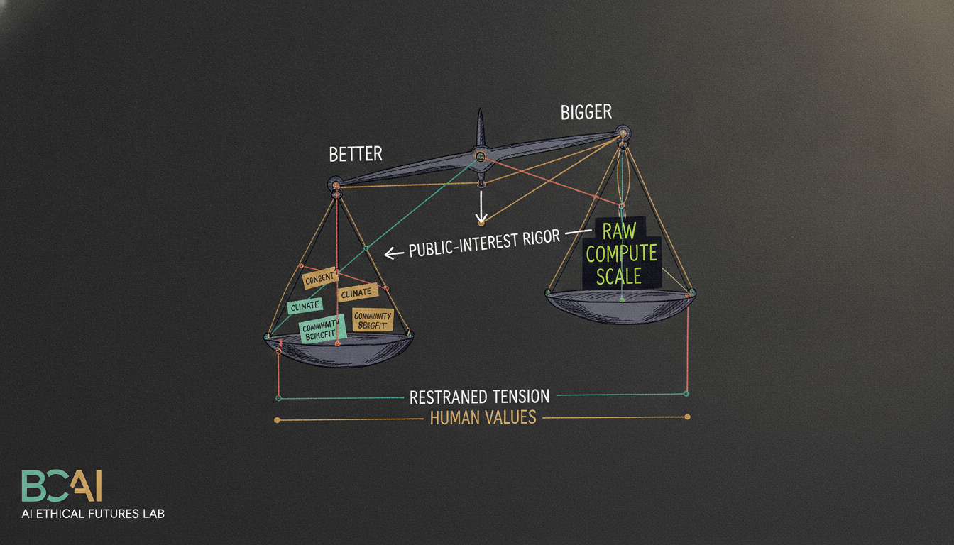 Hand-drawn balance scale weighing 'Better' (consent, climate alignment, accountable governance, community benefit) against 'Bigger' (raw compute scale).