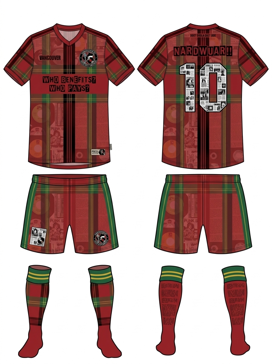 Nardwuar FC red Vancouver-tartan home kit, the winning design from the MADE ON collection