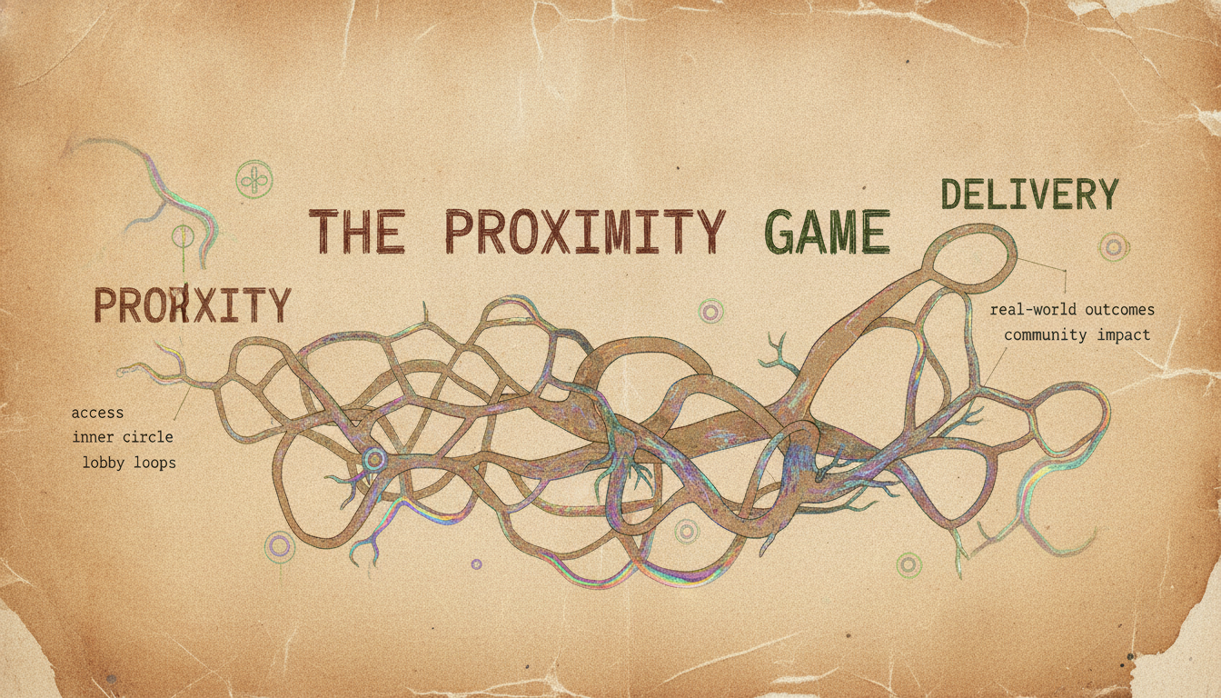 Hand-drawn solarpunk root-map titled 'The Proximity Game,' tangled mycelial lines connecting a 'Proximity' cluster (access, inner circle, lobby loops) to a 'Delivery' cluster of real-world outcomes.