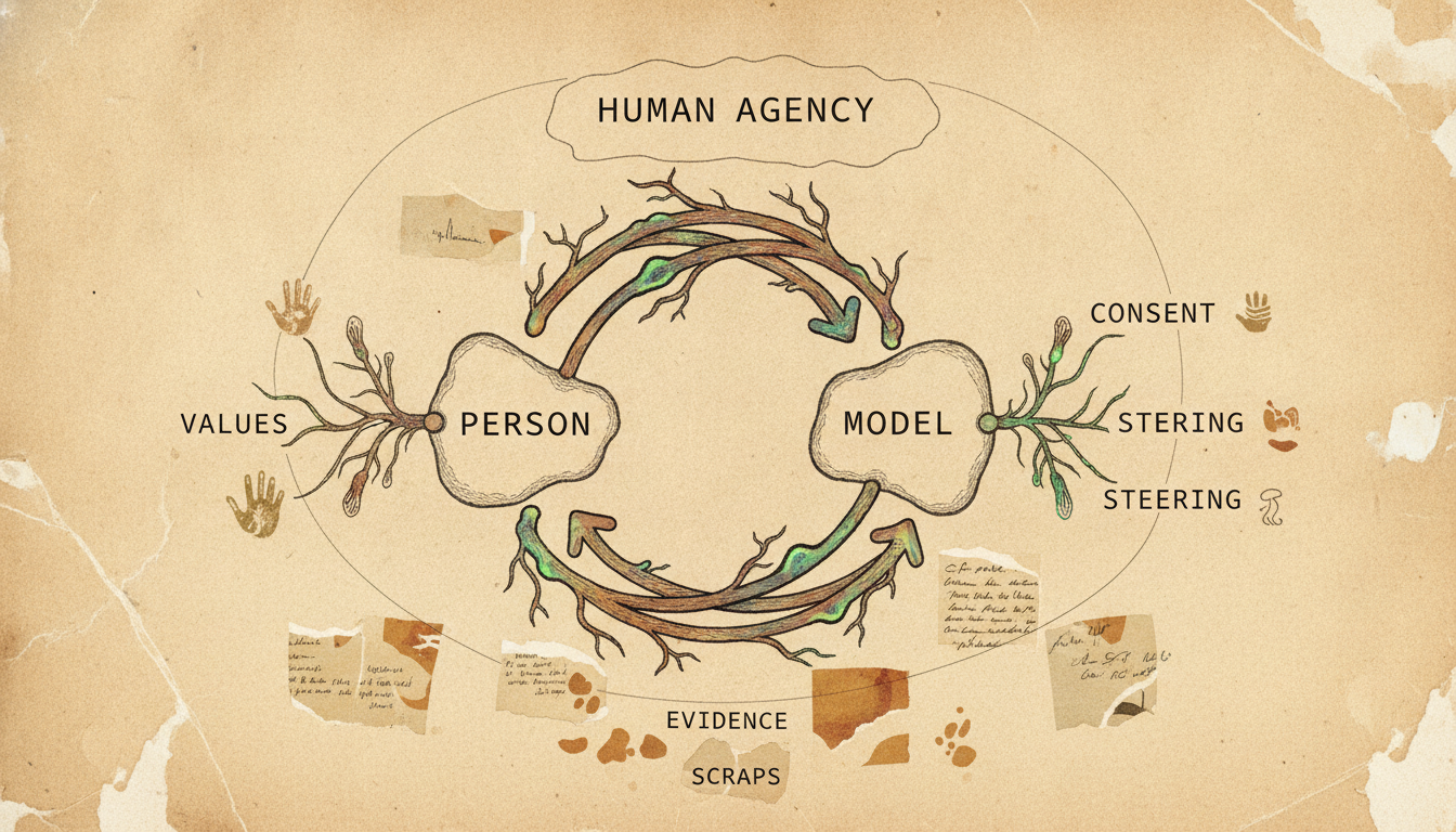 Field-note diagram of a feedback loop between a person and an AI model, with human agency, values, consent, and steering shown as the controlling force.