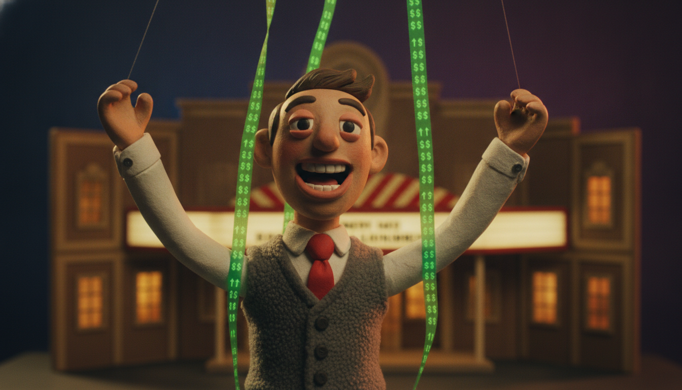 A cheerful handmade clay puppet of a businessman throwing his arms up in celebration, worked by glowing green stock-ticker strings printed with dollar signs, in front of a tiny cardboard movie theater.