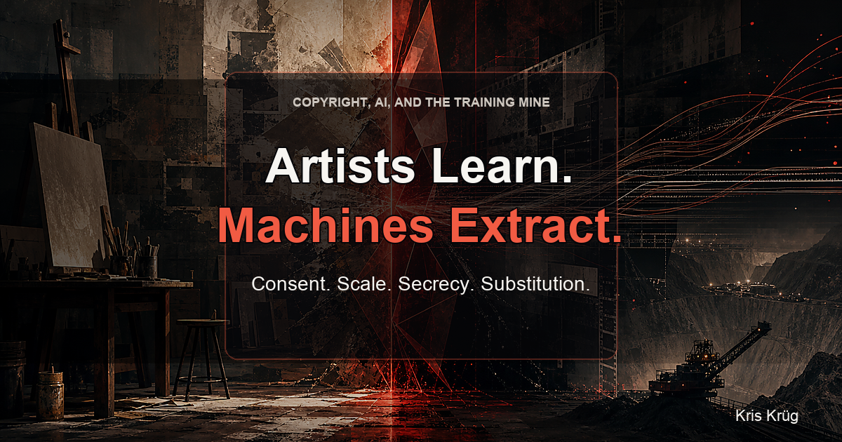 Editorial graphic for Artists Learn. Machines Extract., an art studio turning into a data mine with text: Consent. Scale. Secrecy. Substitution.