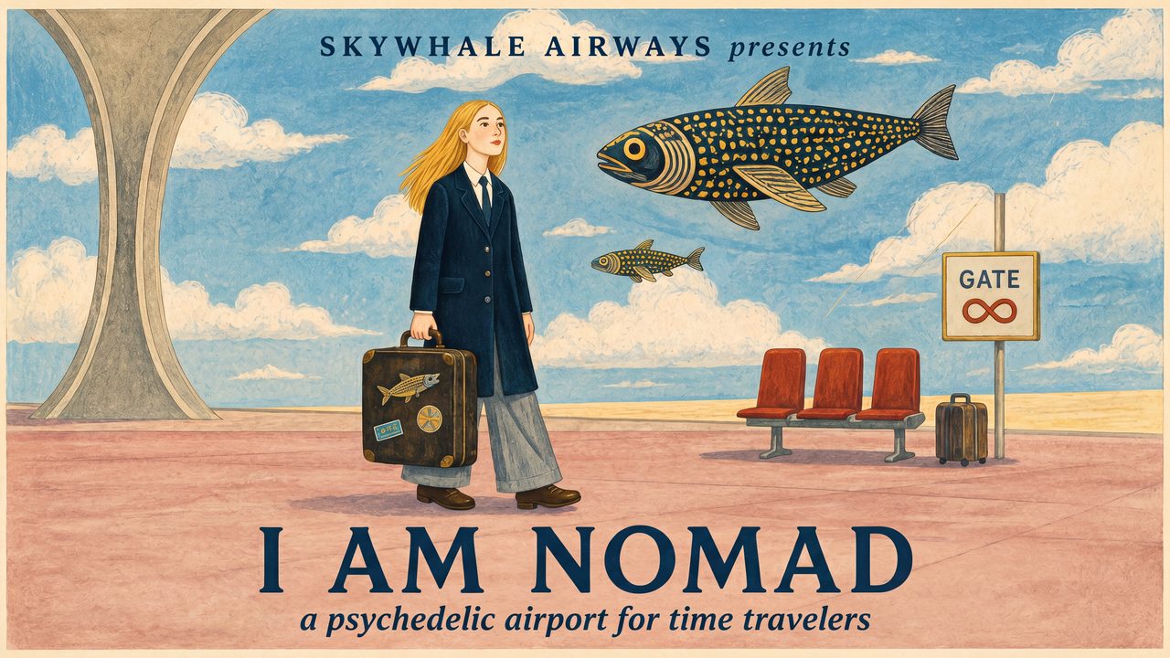 The Time Traveller at Gate Infinity beneath two fish-aircraft in a retro airport illustration, with the title I AM NOMAD.