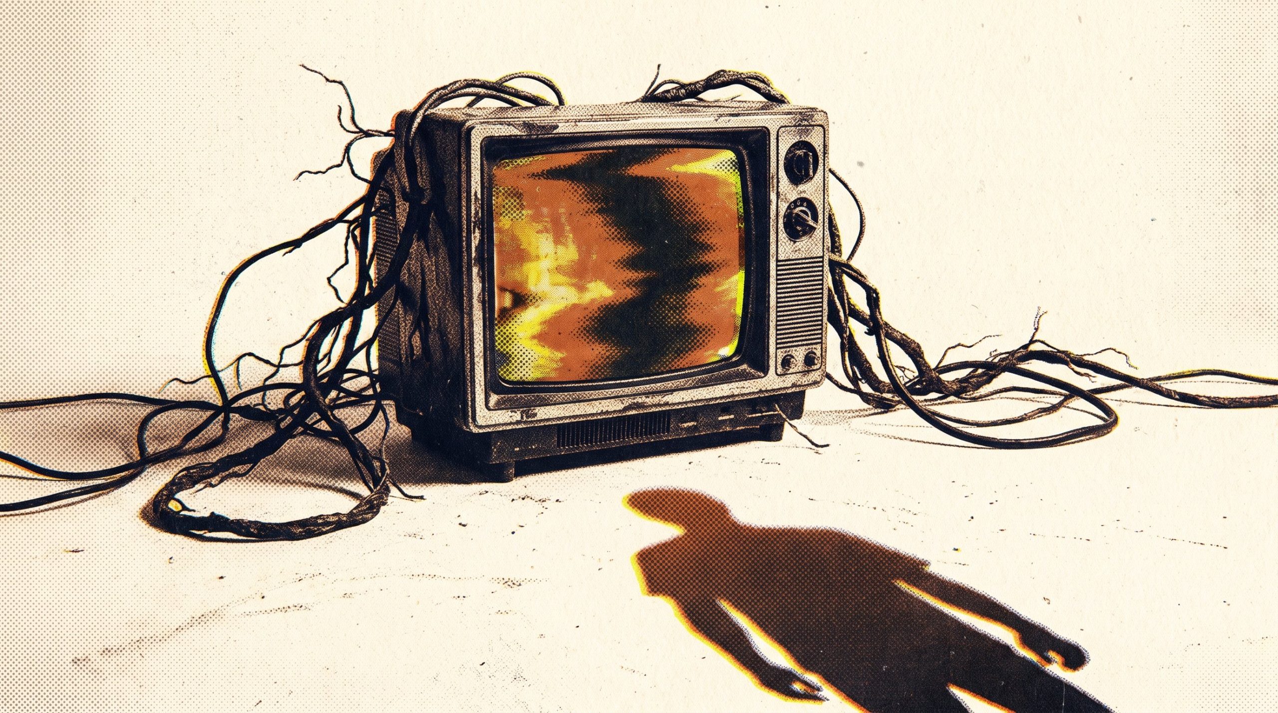 Illustration: a vintage television sprouting strange root-like cables, a human shadow watching it from a distance