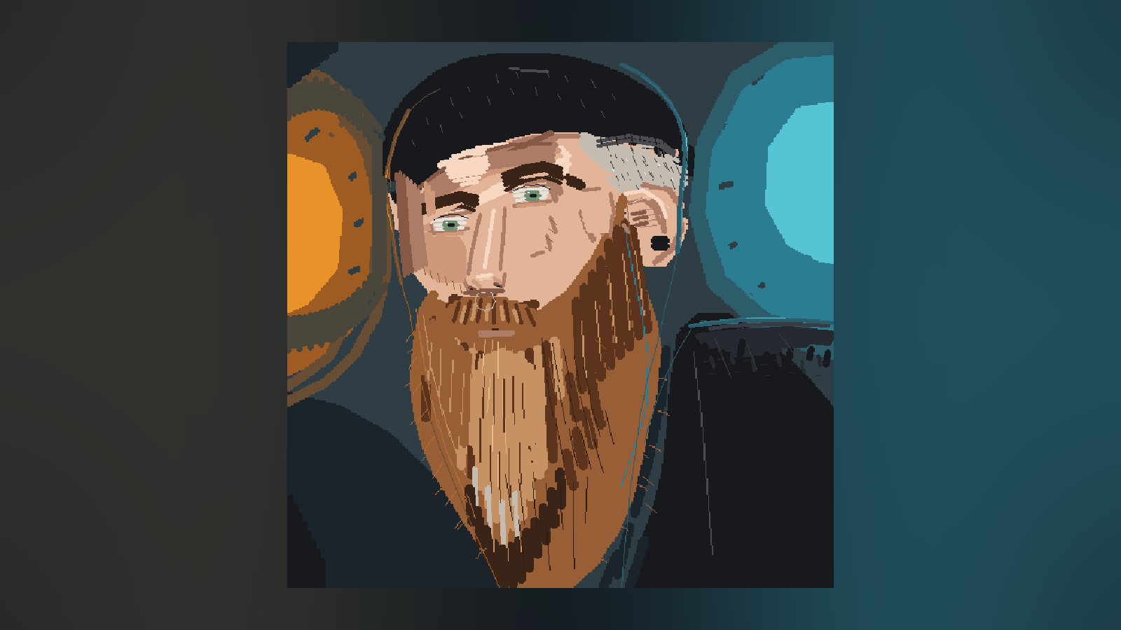 Finished JSPaint portrait of Kris Krüg on a dark ground, warm glow to the left and cool cyan glow to the right