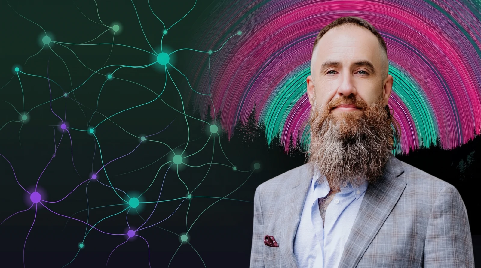 Kris Krüg against aurora light trails over a silhouetted conifer treeline, with a luminous network of nodes and filaments spreading to the left.